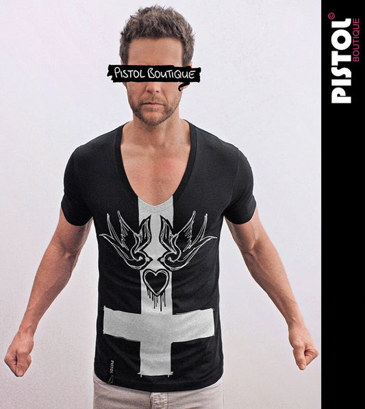 Pistol Boutique Men's Fitted Black Deep V neck SWALLOWS HEART CROSS T-shirt