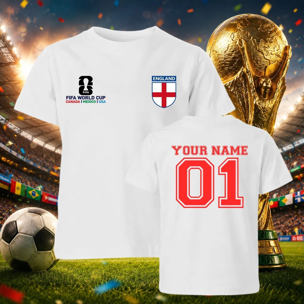 Personalised England Football T-Shirt World Cup 2026 Tee Unisex Kids Boys Gift