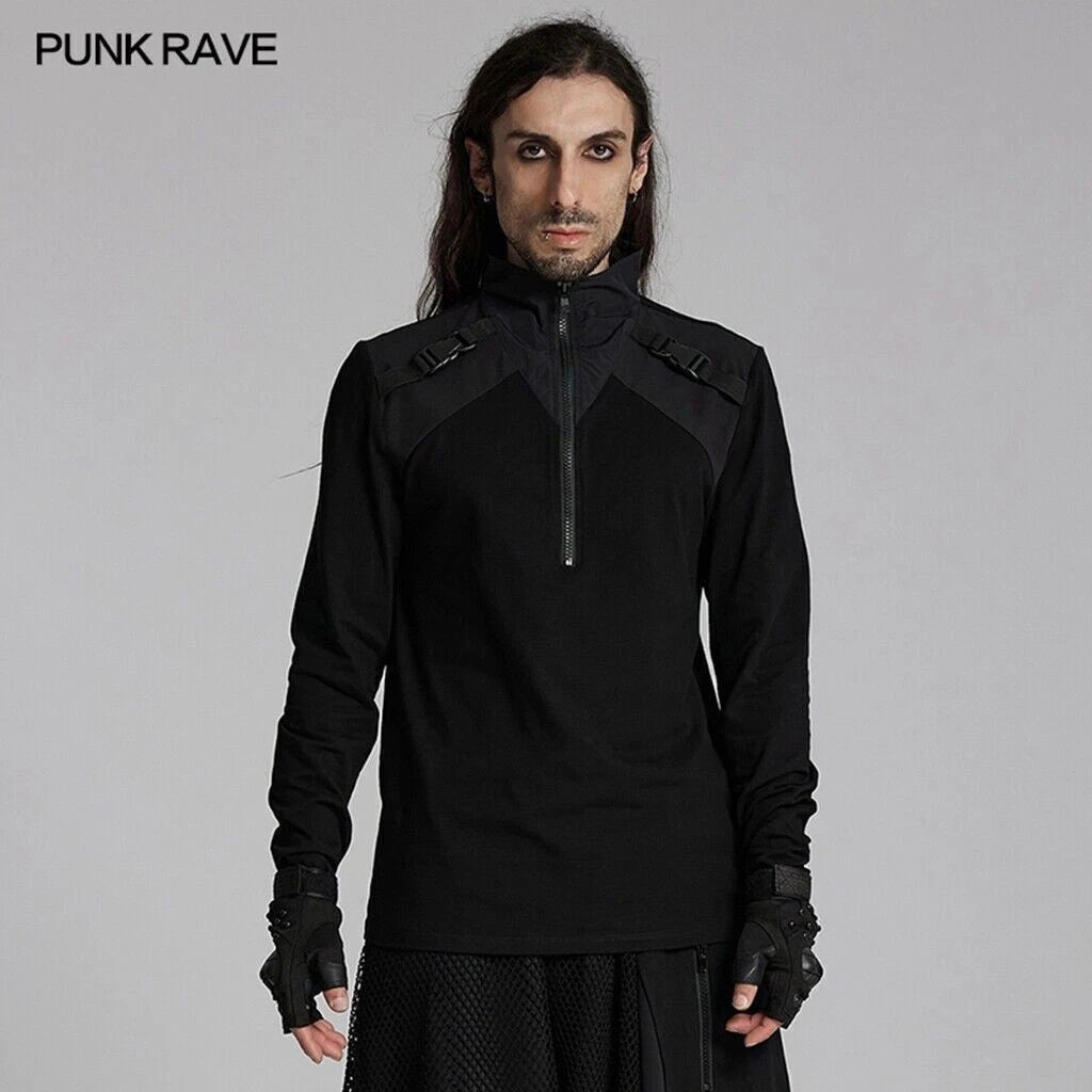 Punk Rave Men Black Gothic Techwear Style Long Sleeved Slim Fitted T-Shirt
