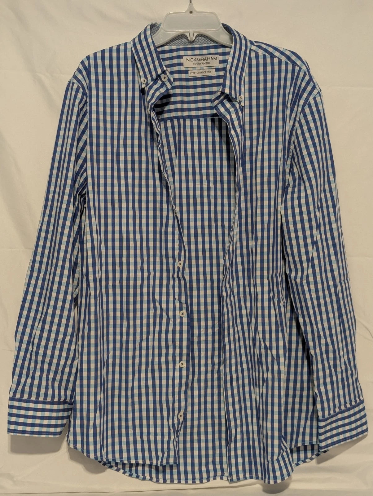 Nick Graham Men's STRETCH Modern-Fit Plaid Print Dress Shirt Blue Size XL