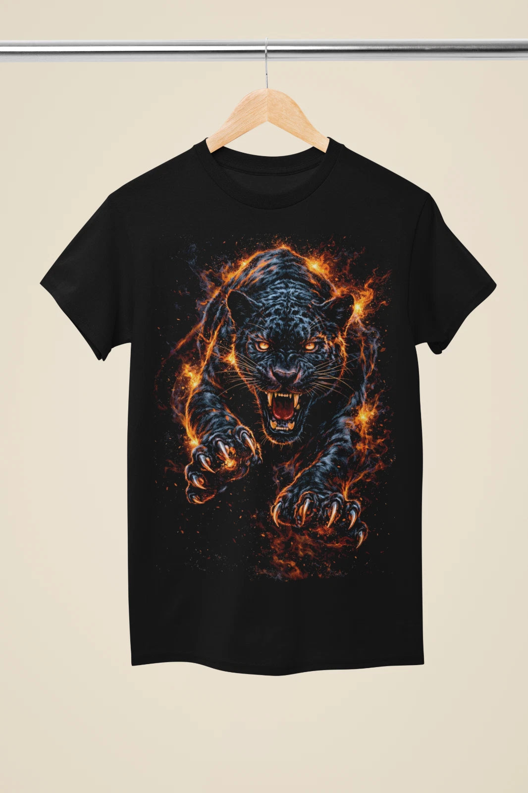 Black Panther Attack Graphic T-Shirt | Fire Big Cat Art | Black Tee