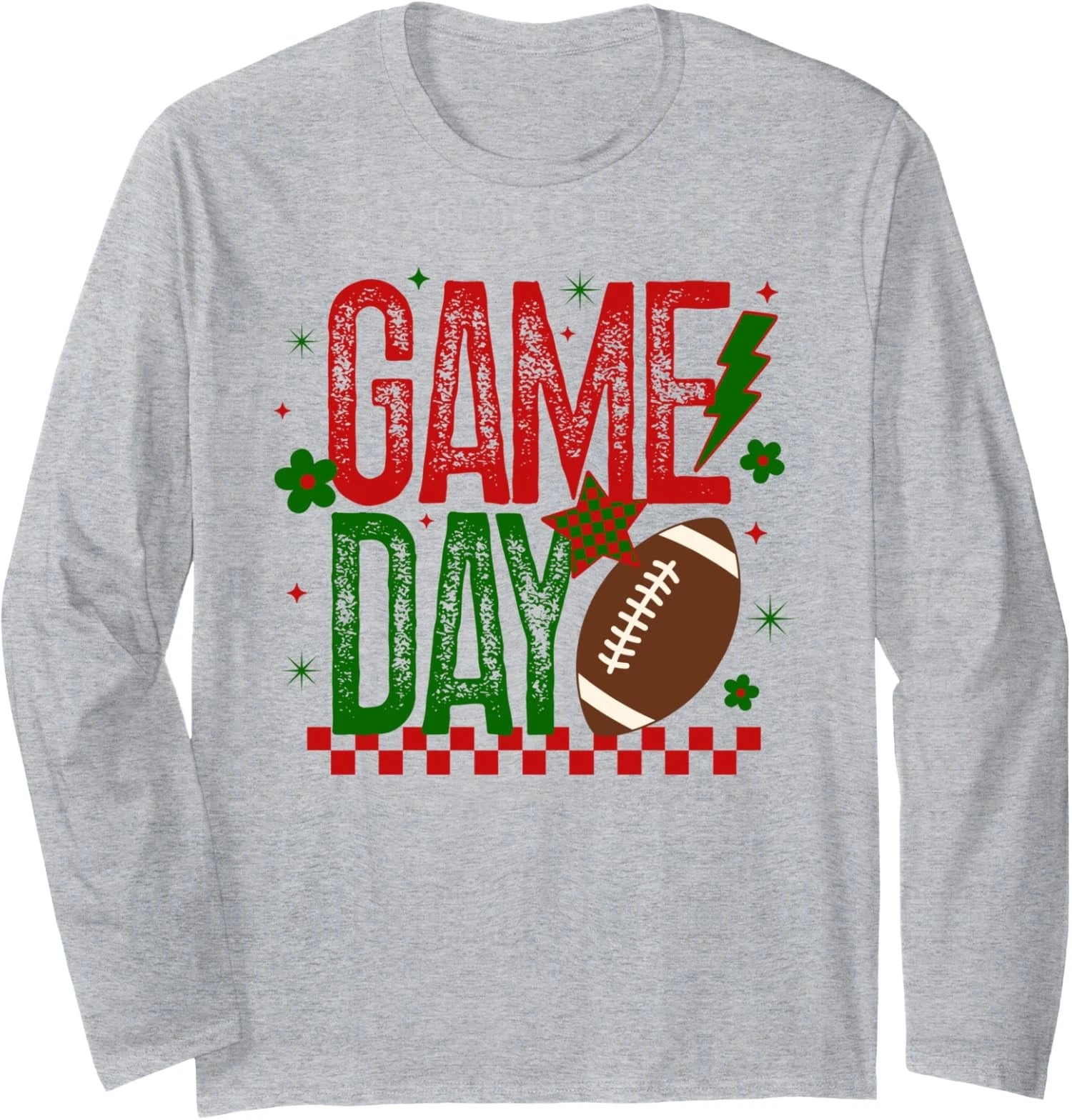 Game Day Football Retro Checked Red Green Touchdown Long Sleeve Tshirt