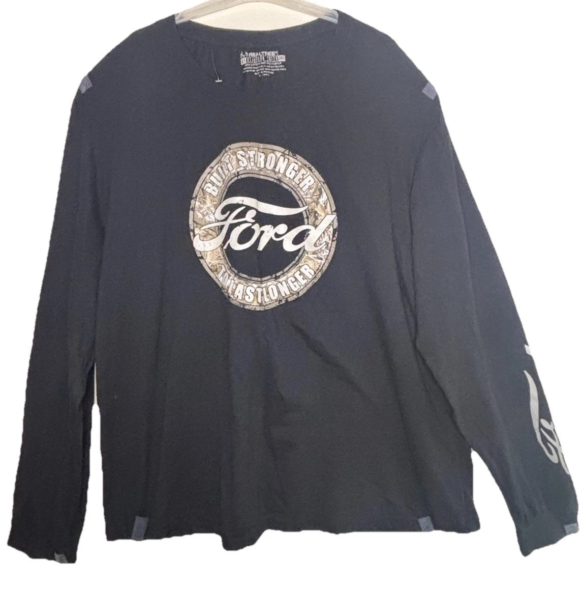 Realtree Mens 2XL Ford Spellout Graphic Long Sleeve Black T Shirt Built Stronger