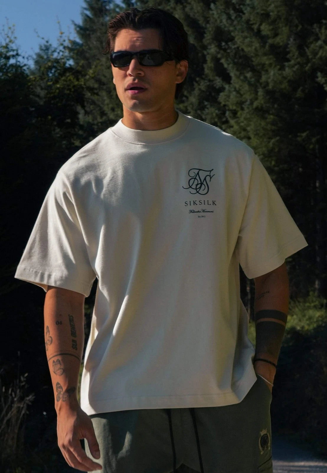 SikSilk Men's Short Sleeved Crew Neck Oversized Fit Drop Shoulder Logo T-Shirt T