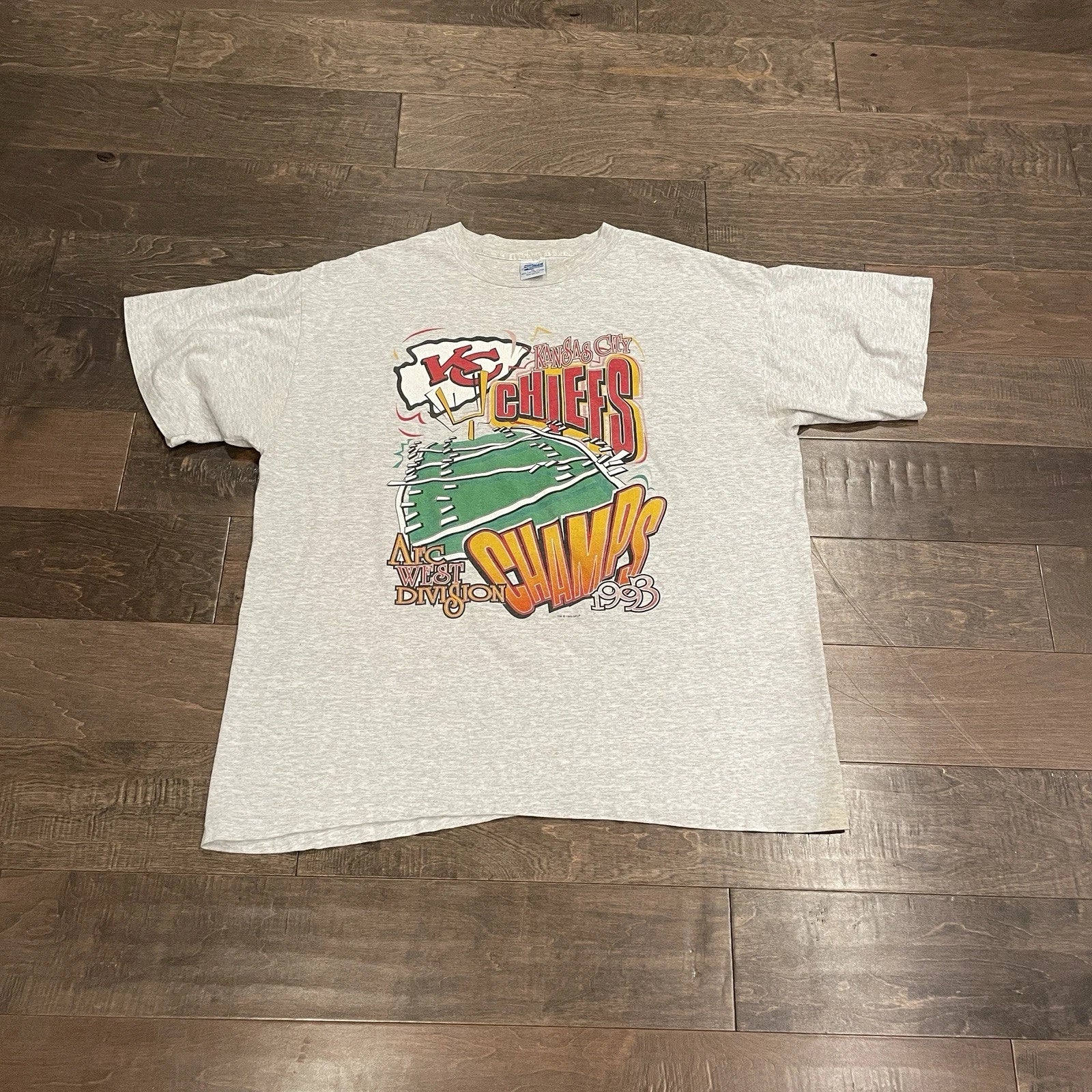 VTG 90s 1993 Kansas City Chiefs AFC Champs Tshirt Grey Mens L By Salem Made USA