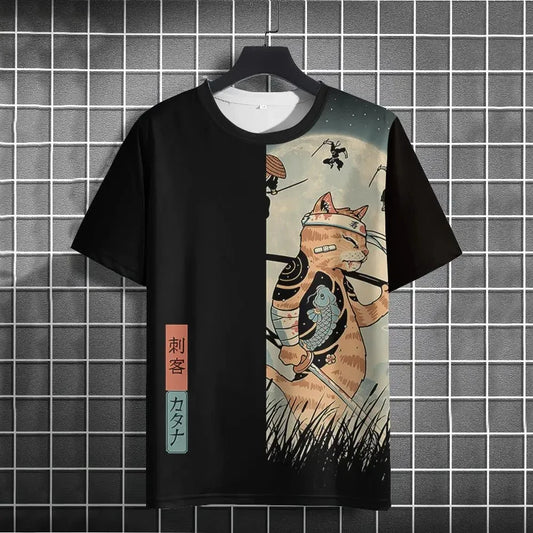 Unisex T-Shirt Men Women Japanese Samurai Cat 3D Printed T-Shirt Casual Shirt
