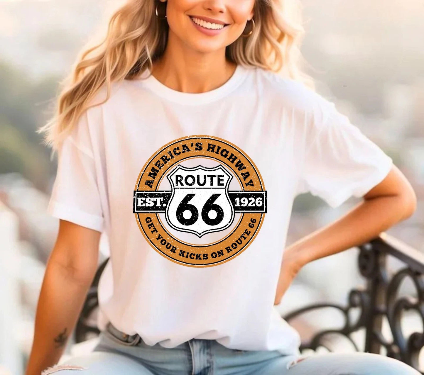 Vintage Route 66 Classic Biker T-Shirt - Americas Highway Retro Road Trip Tee