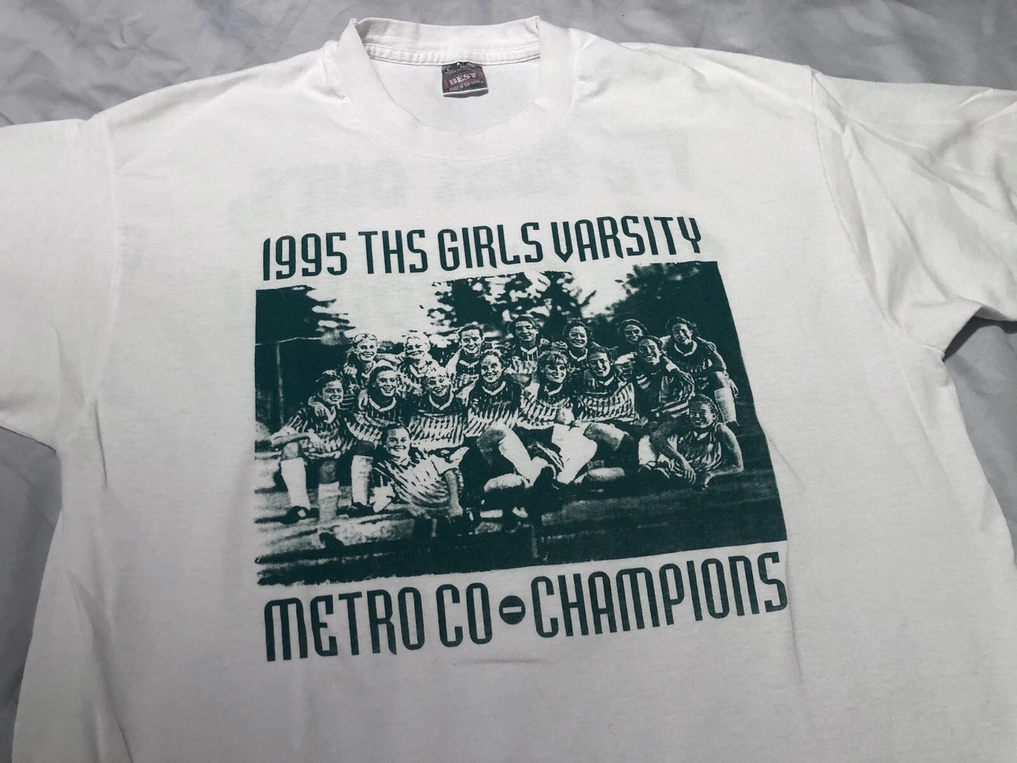 1995 Vintage 90s Varsity Girls Soccer Champions T-Shirt, White Fruit Of Loom L