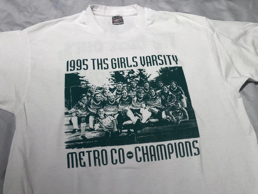 1995 Vintage 90s Varsity Girls Soccer Champions T-Shirt, White Fruit Of Loom L