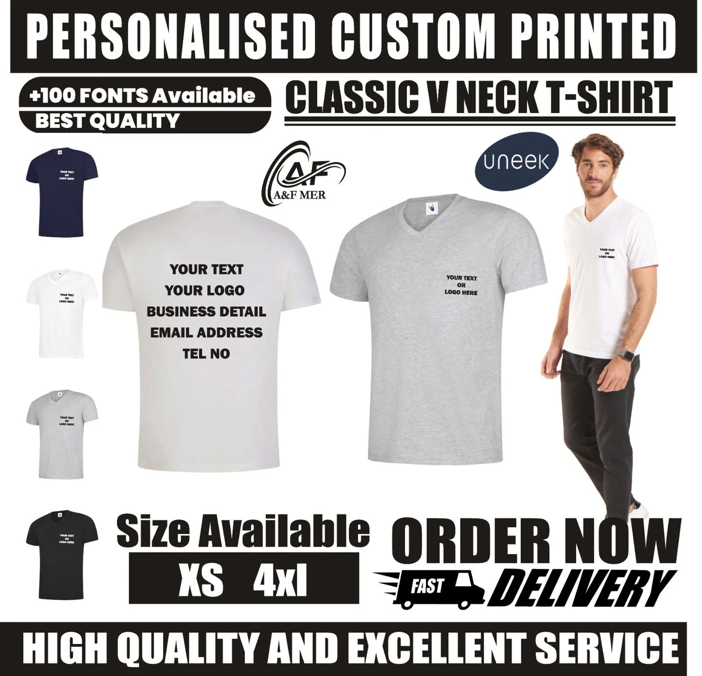 Personalised Custom Printed Classic V Neck T-shirt Your Text Logo Unisex UC317