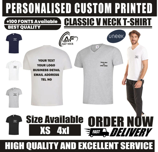 Personalised Custom Printed Classic V Neck T-shirt Your Text Logo Unisex UC317