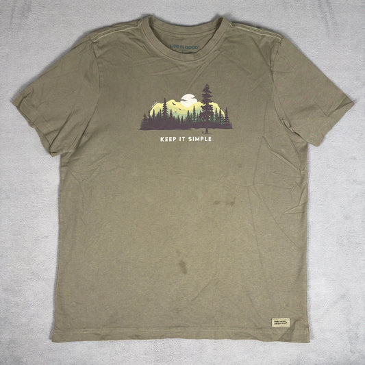 Life is Good Crusher Tee L Olive Green Keep It Simple Mountain Graphic T-Shirt