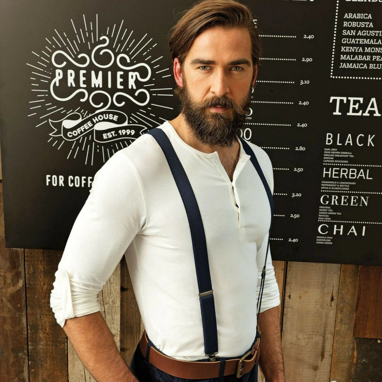 Premier Men's Long Roll Sleeve T-Shirt 100% Cotton Collarless Button Uniform Tee