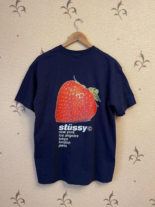 Stüssy Strawberry Graphic T-Shirt Navy Blue Size L Streetwear