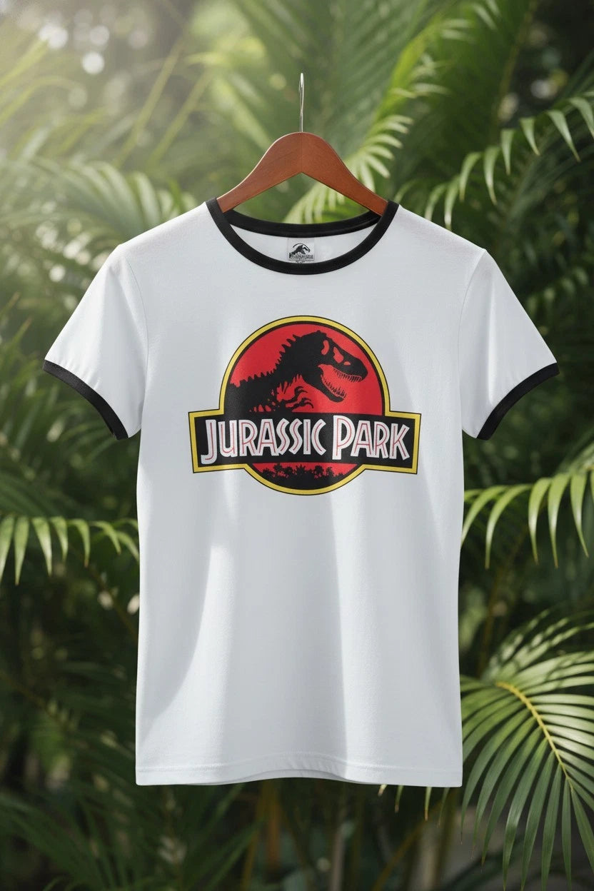 Unisex Adult White Jurassic Park Schwarz Ringer T-shirt Retro Dinosour Movie