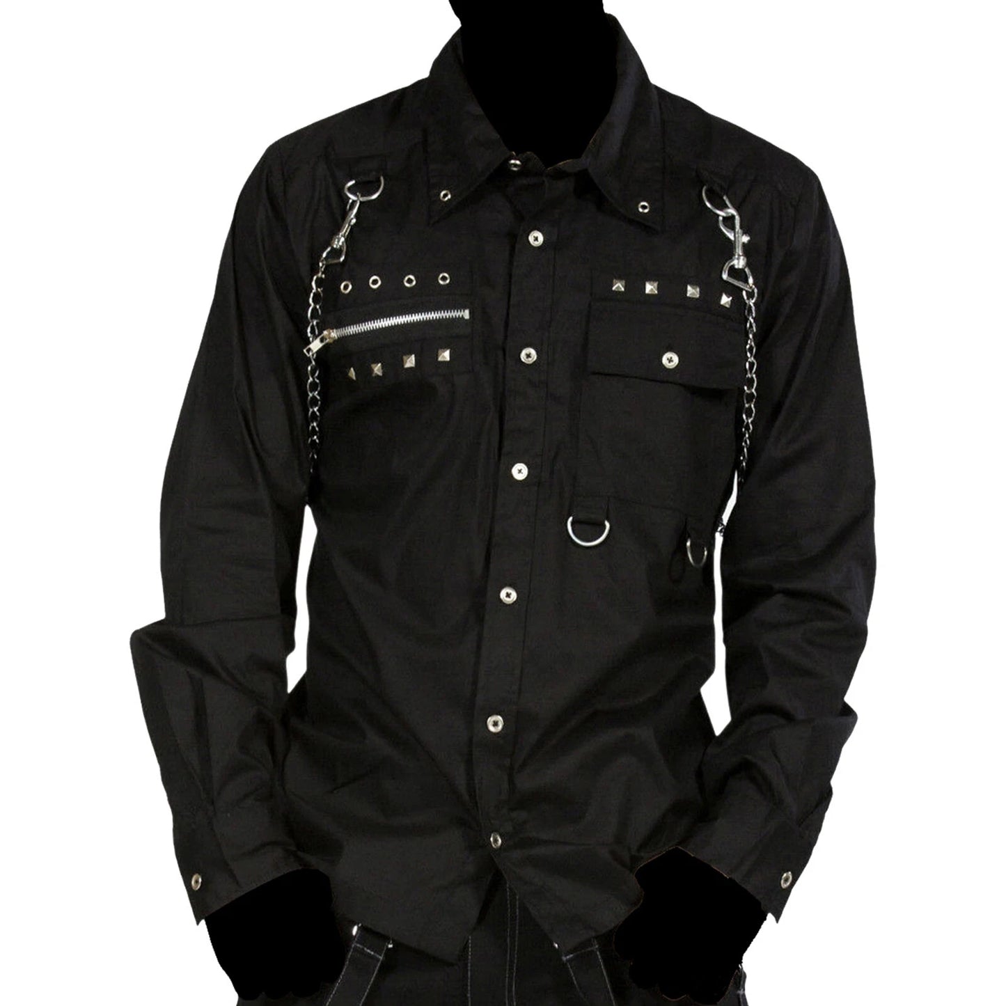 Men Gothic Studded Long Sleeves Shirt Zipper Chains Punk Officers Black Shirt
