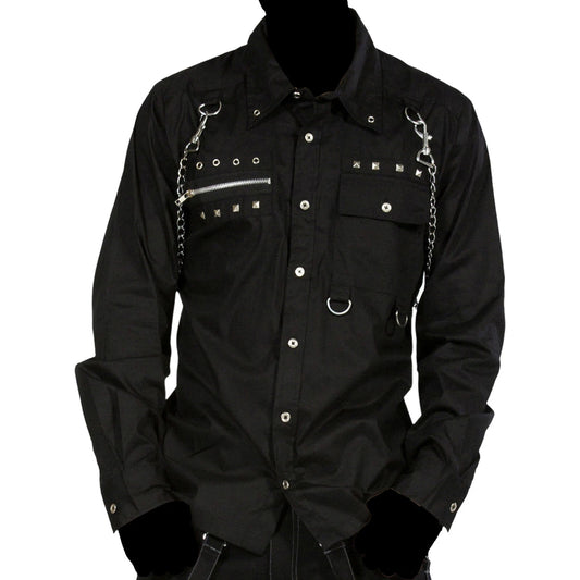 Men Gothic Studded Long Sleeves Shirt Zipper Chains Punk Officers Black Shirt