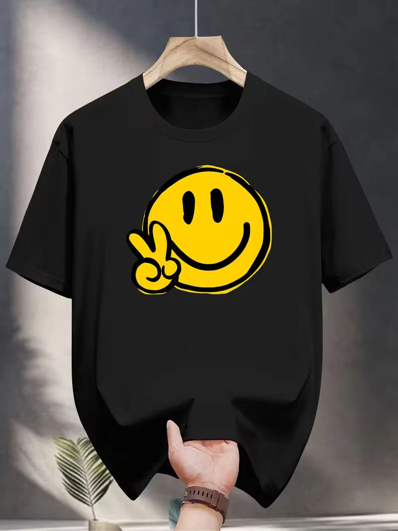 Men's Smiley Face Graphic T-Shirt Black Yellow Casual Short Sleeve Crew Neck