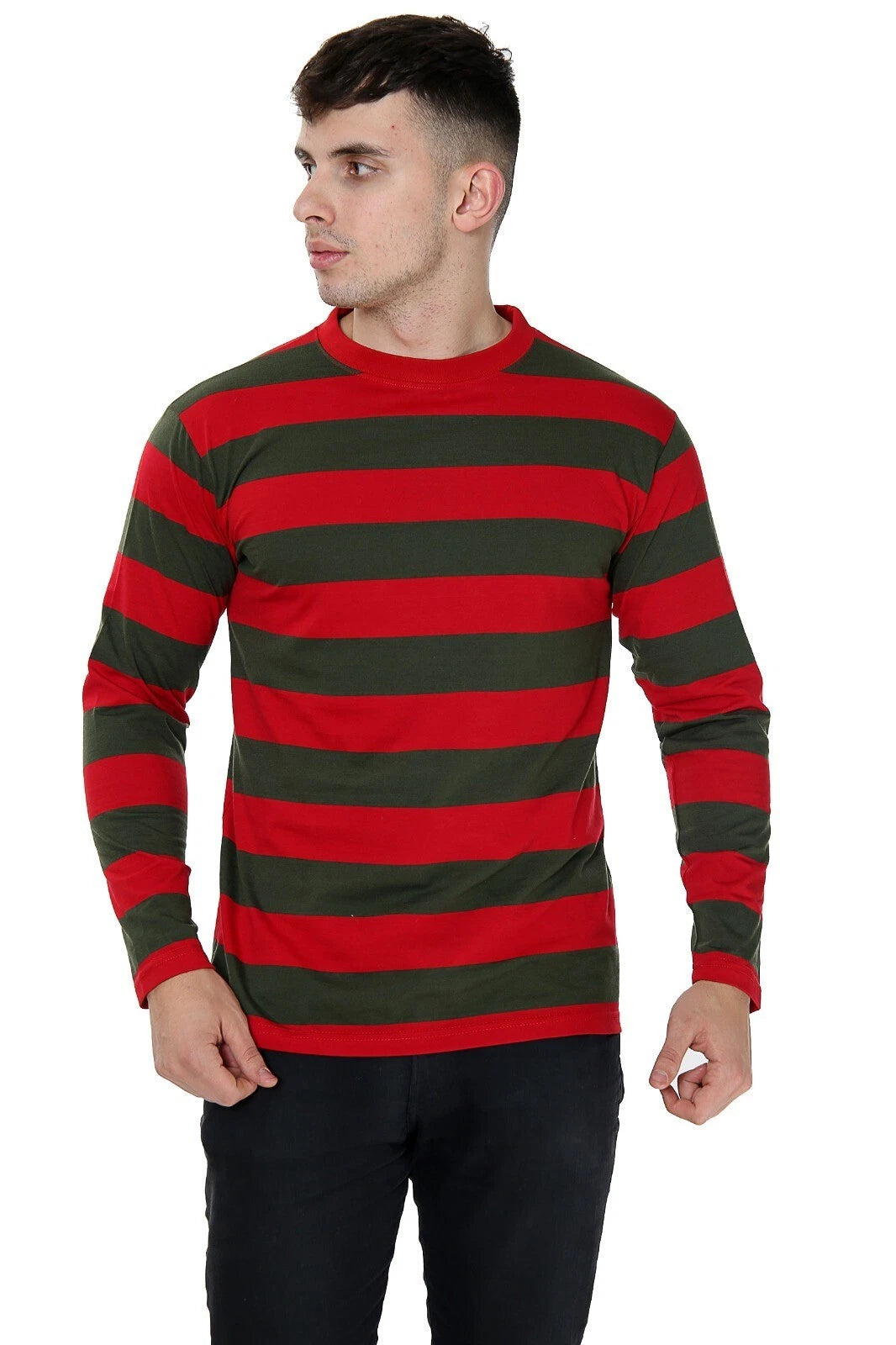 Unisex Full Sleeve Red and Green Stripe Crew Neck T-Shirt - Stylish & Comfortabl