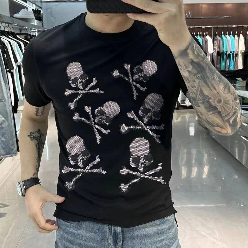 New Men Luxury Rhinestones Gothic Fashion Skull Black White T-Shirt High Quality
