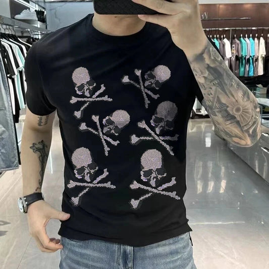New Men Luxury Rhinestones Gothic Fashion Skull Black White T-Shirt High Quality