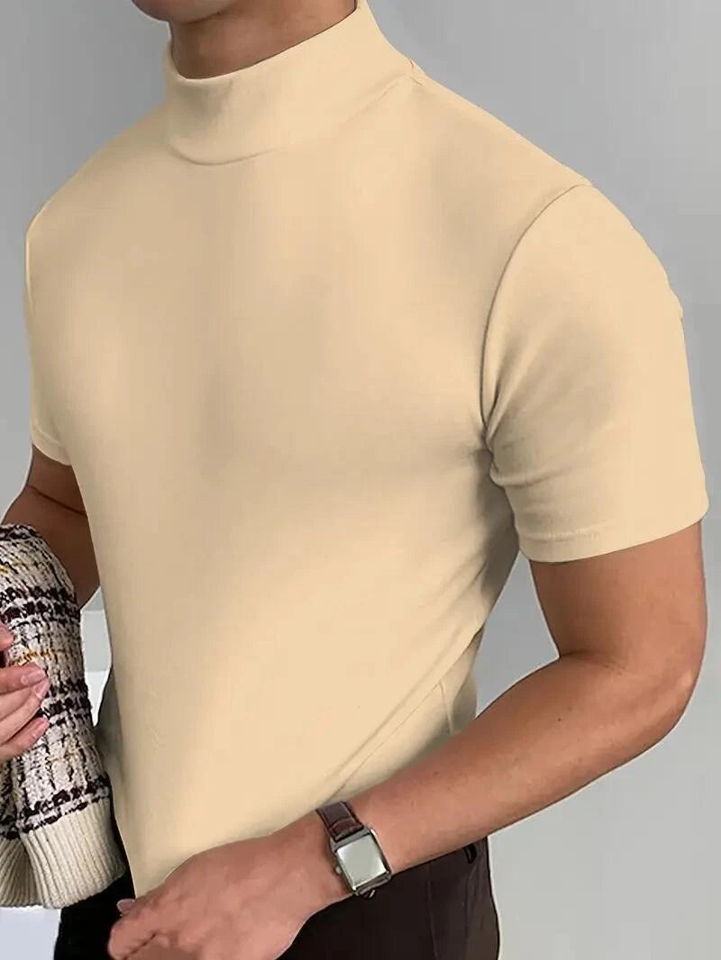 Fashion Men High Neck Short Sleeve T-Shirt Sophisticated Soft Fabric Beige New