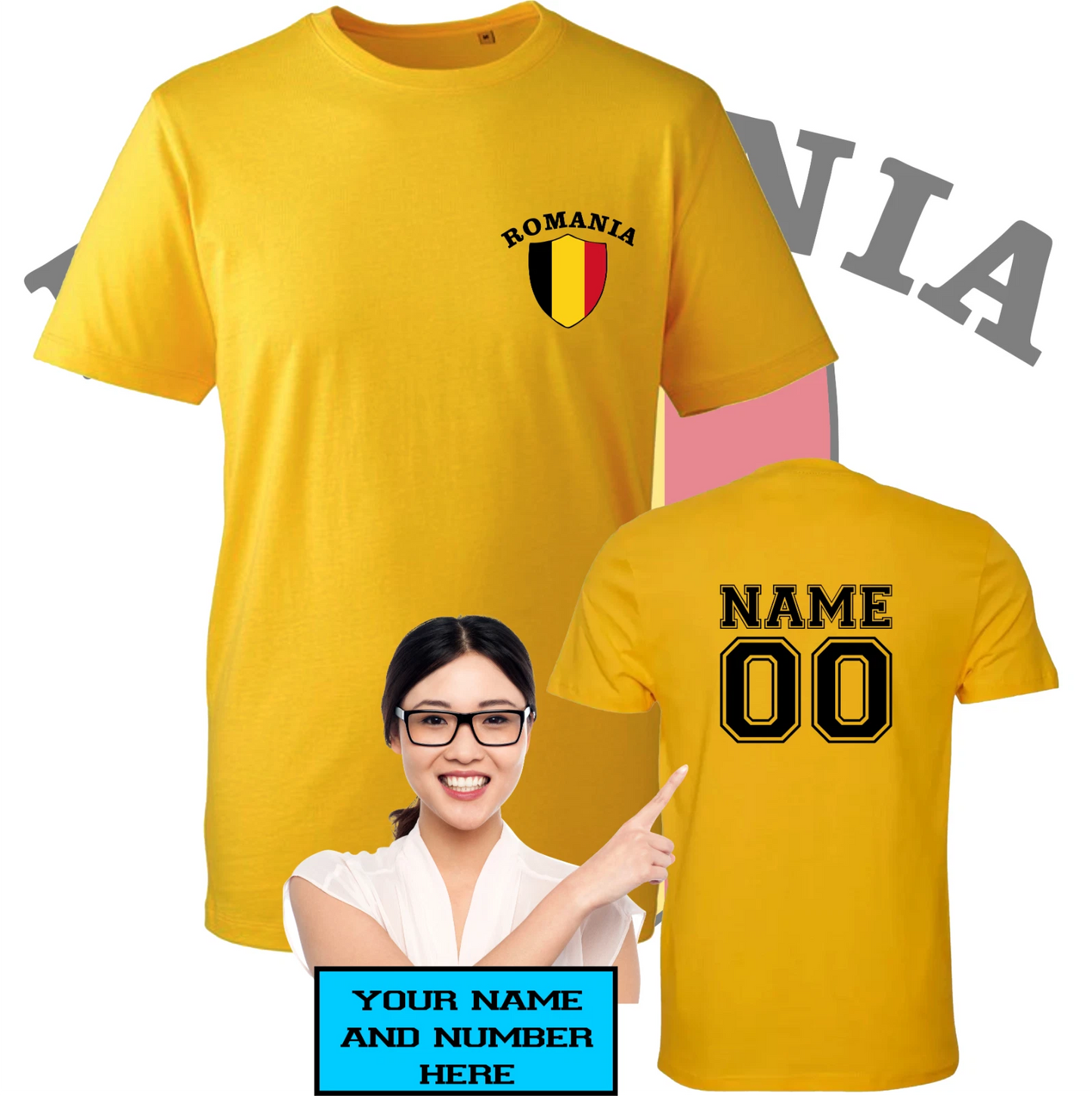 Personalised Romania football T-Shirt Team Soccer Fan Mens Unisex Tee Top Custom
