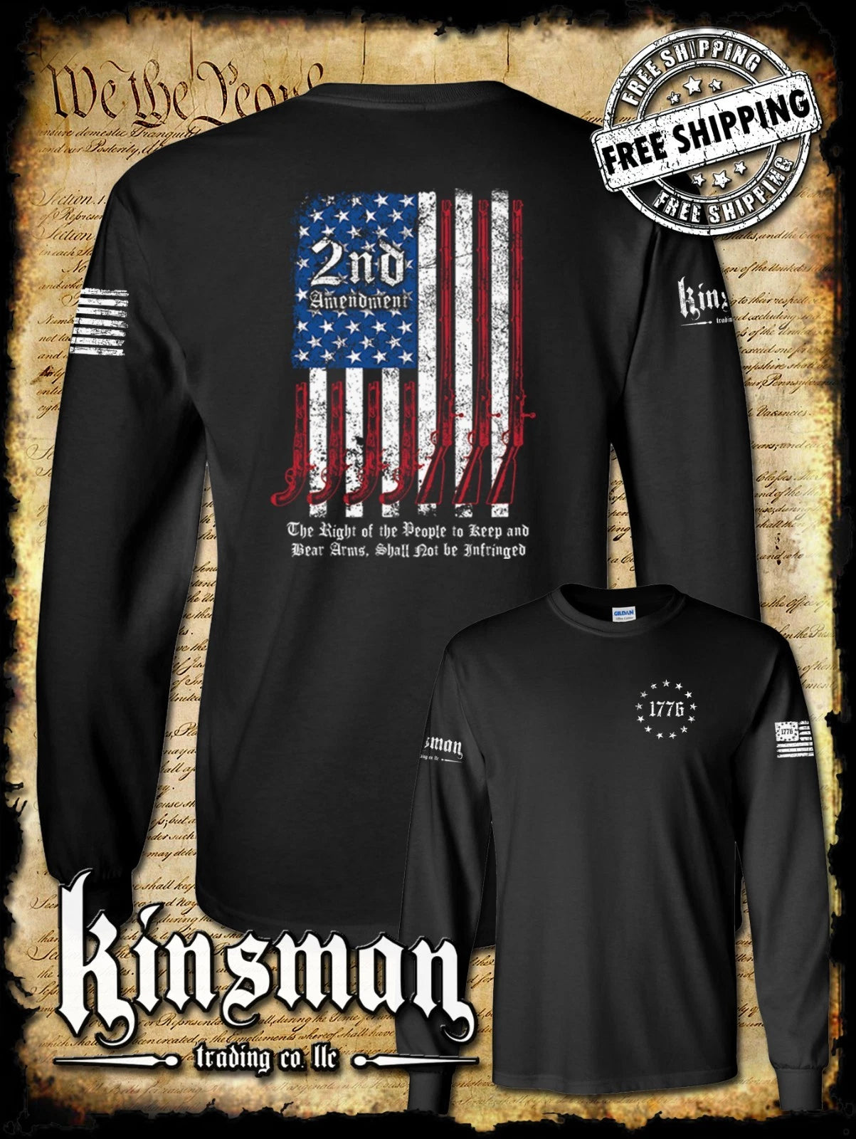 2nd Amendment Script 2-Sided Long Sleeve T-Shirt American Gun Flag USA Freedom