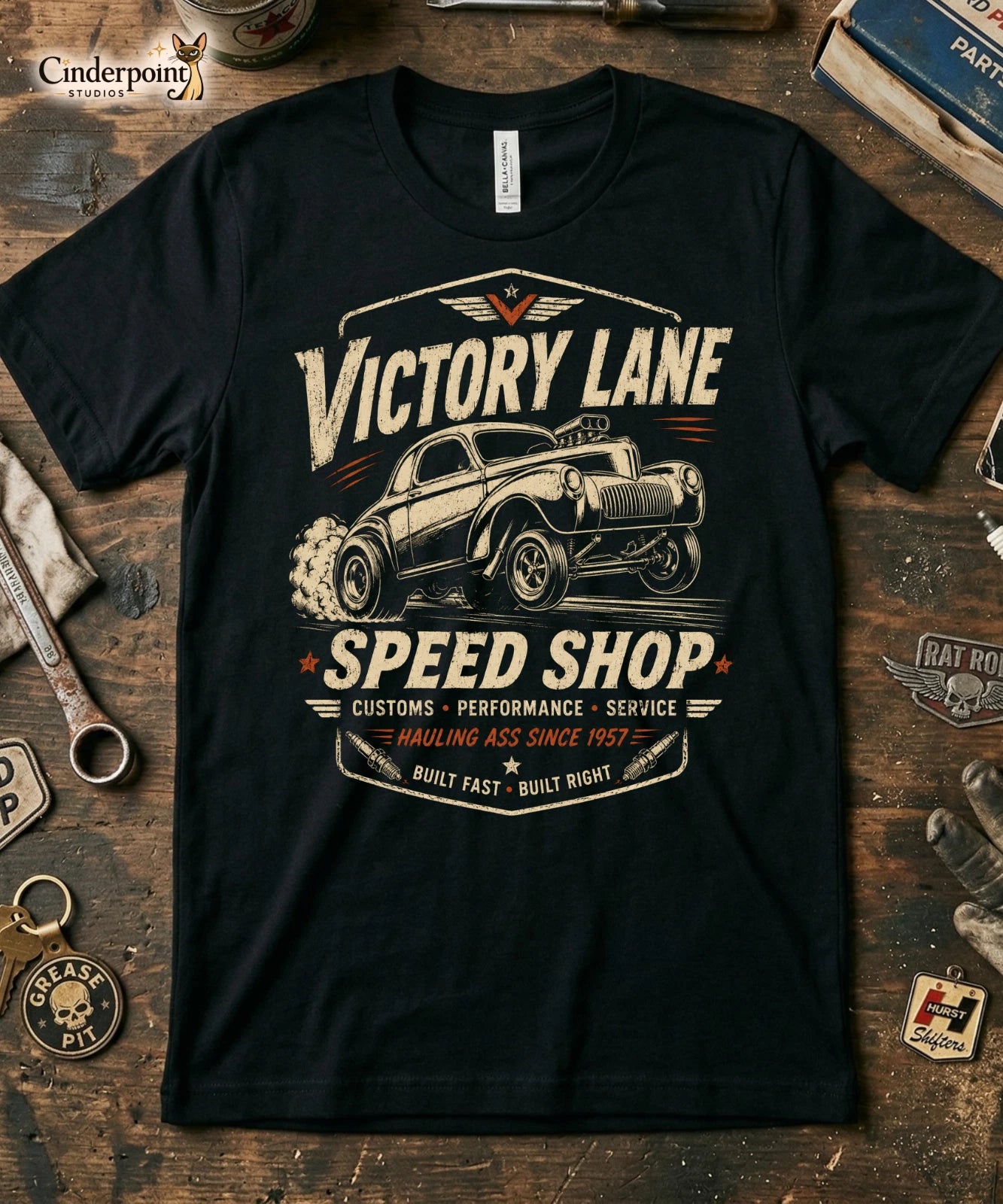 Victory Lane Speed Shop Shirt Hot Rod Hauling Ass Gasser Drag Racing Tee XS-5XL