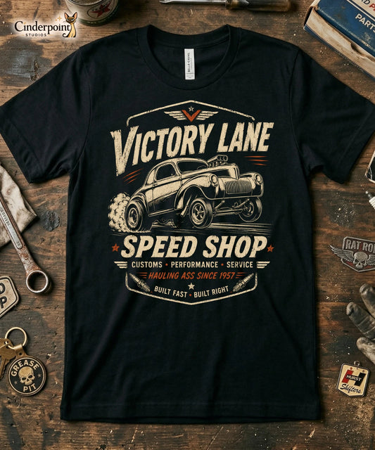 Victory Lane Speed Shop Shirt Hot Rod Hauling Ass Gasser Drag Racing Tee XS-5XL