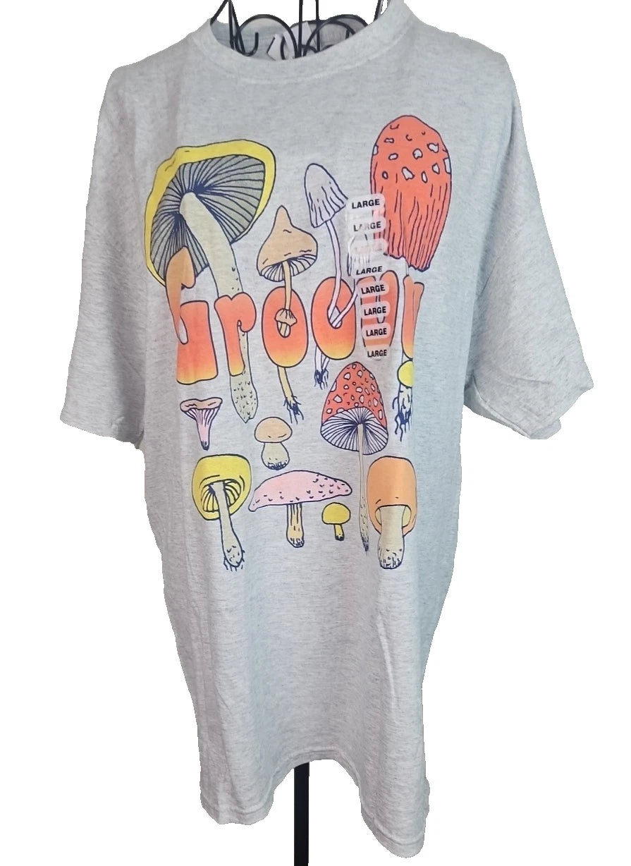 Retro Psychedelic Groovy Mushroom Gray T-shirt Size Large Novelty Tee Shirt