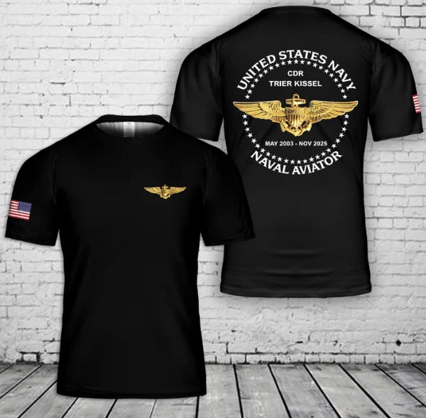 Custom Text & Time US Naval Aviator 3D T-Shirt