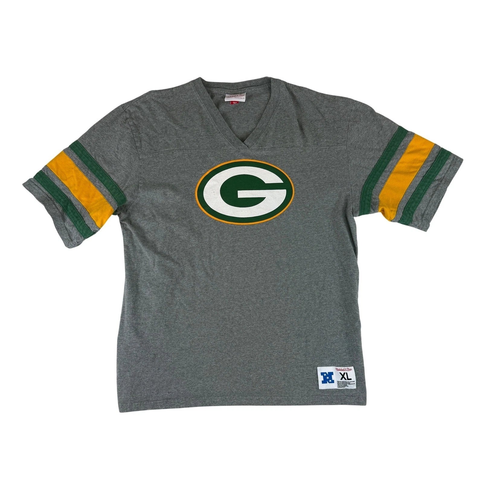 Mitchell & Ness Green Bay Packers Shirt Mens XL Grey V-Neck Logo Tee DF18009