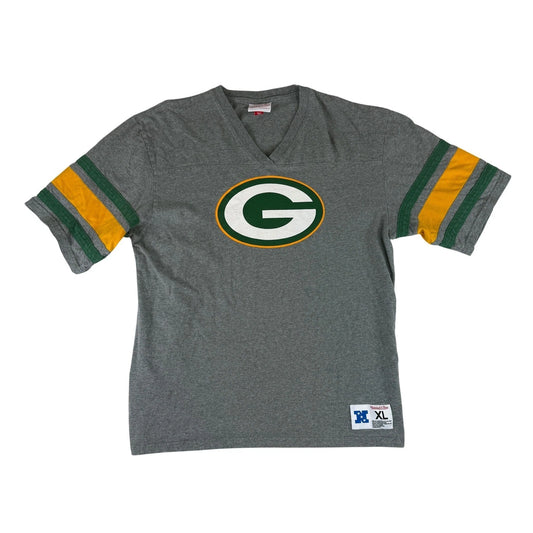 Mitchell & Ness Green Bay Packers Shirt Mens XL Grey V-Neck Logo Tee DF18009