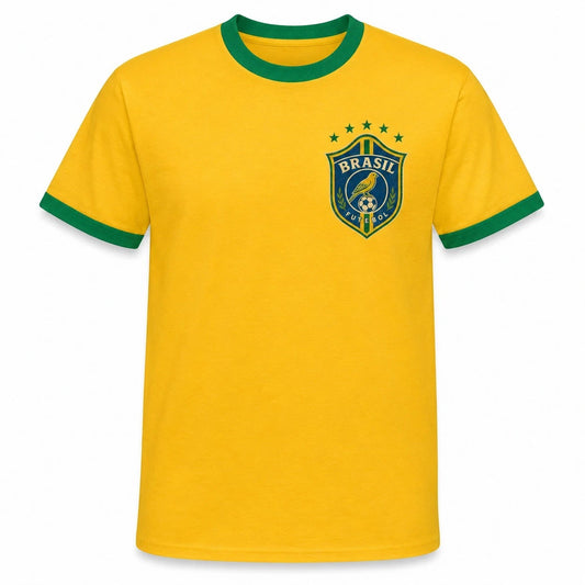 Retro Brazil Ringer T-Shirt Unofficial Football Fan Canary Crest Tee Gift