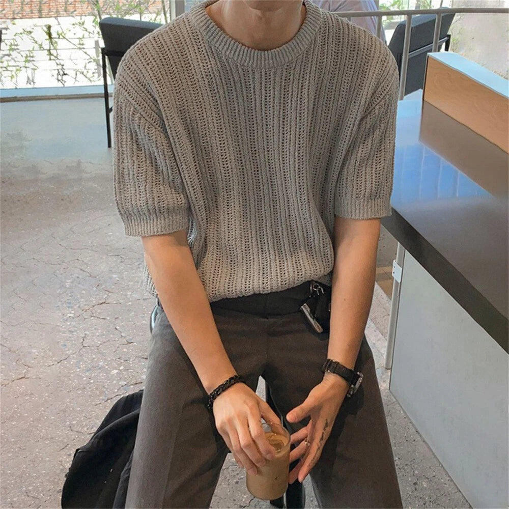 Men's Knitted T-Shirts Short Sleeve Crewneck Baggy Casual Pullover Tees Party