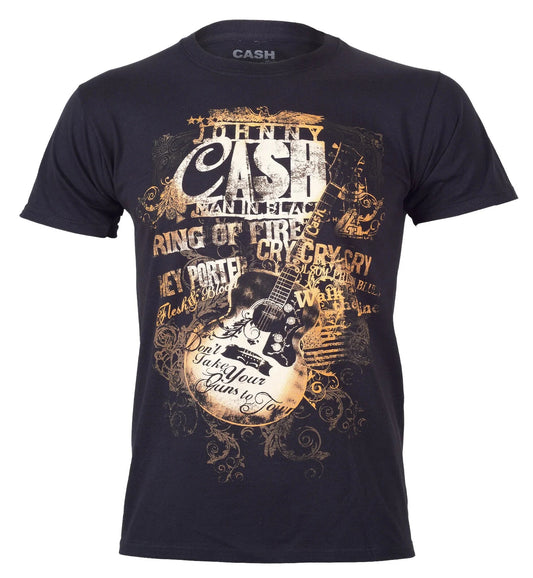 Official Johnny Cash T Shirt Black Song Titles Guitar Text New S M L XL XXL