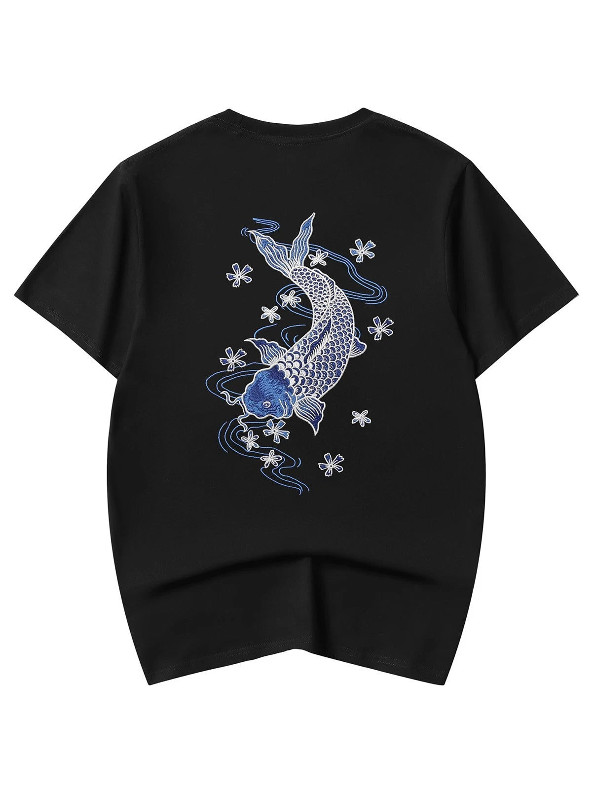Niepce Japanese Streetwear Embroidery T-shirt Blue Koi Graphic Tee for Men