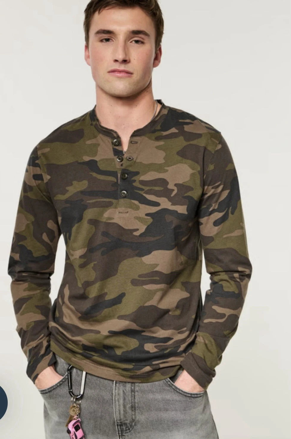 Hollister Shirt Men's  Green Camo 100% Cotton Henley  Long Sleeve  SZ LARGE NEW