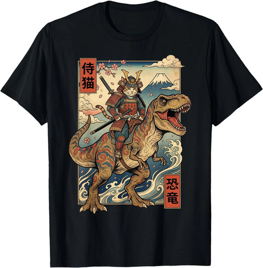 Samurai Cat Riding Dinosaur Japan T-Rex Katana Graphic T-Shirt