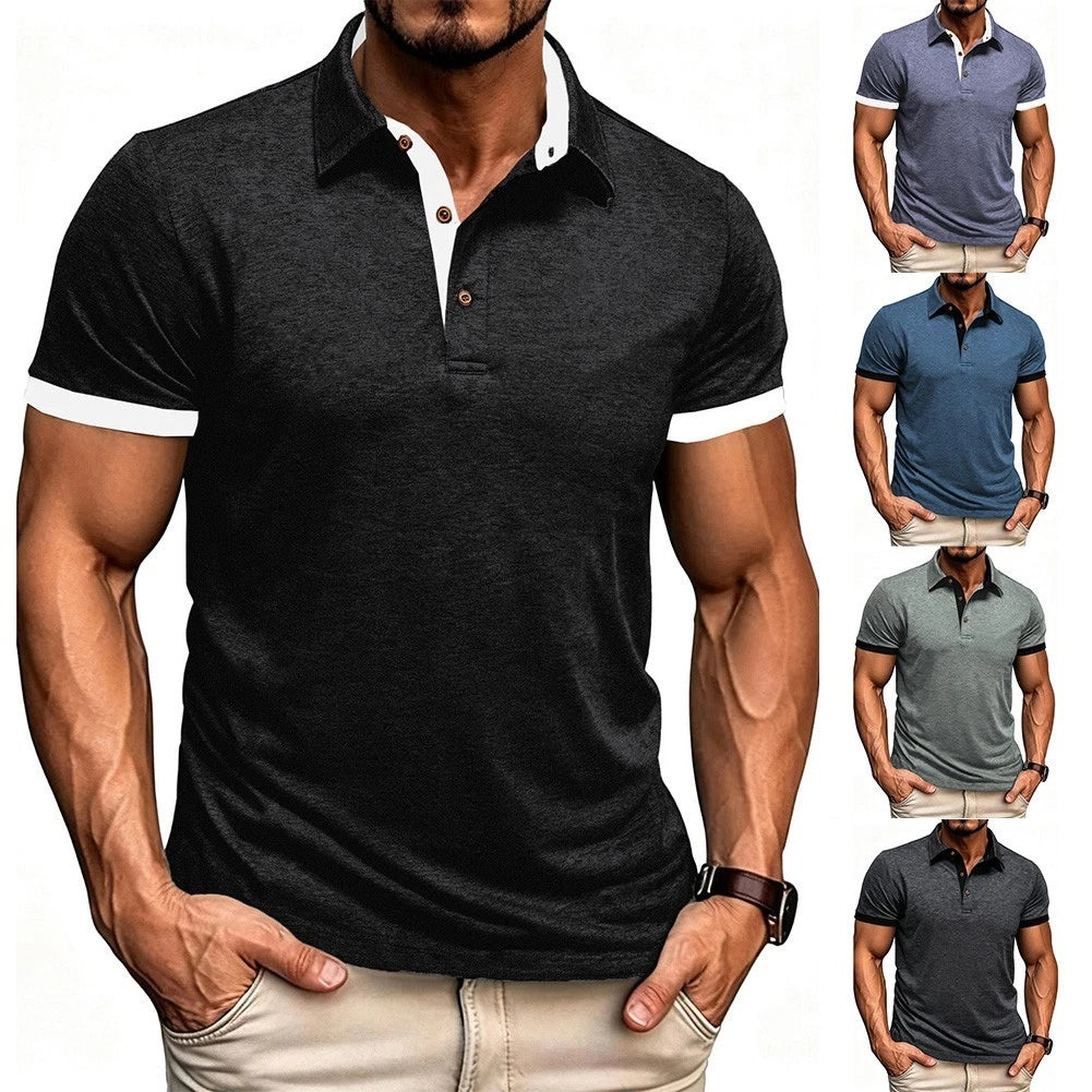 Solid Color Slim Fit Men's Short Sleeve Pullover T-Shirt Lapel Collar Top