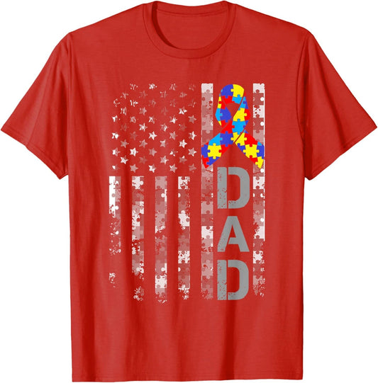 Autism Awareness Dad USA Flag Fathers day T-Shirt