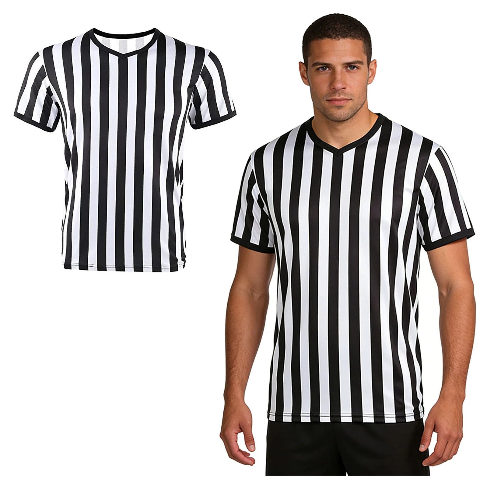 Men Striped Loose Sports Work Uniform Shirt Show V-neck Athletic T-shirt Beach