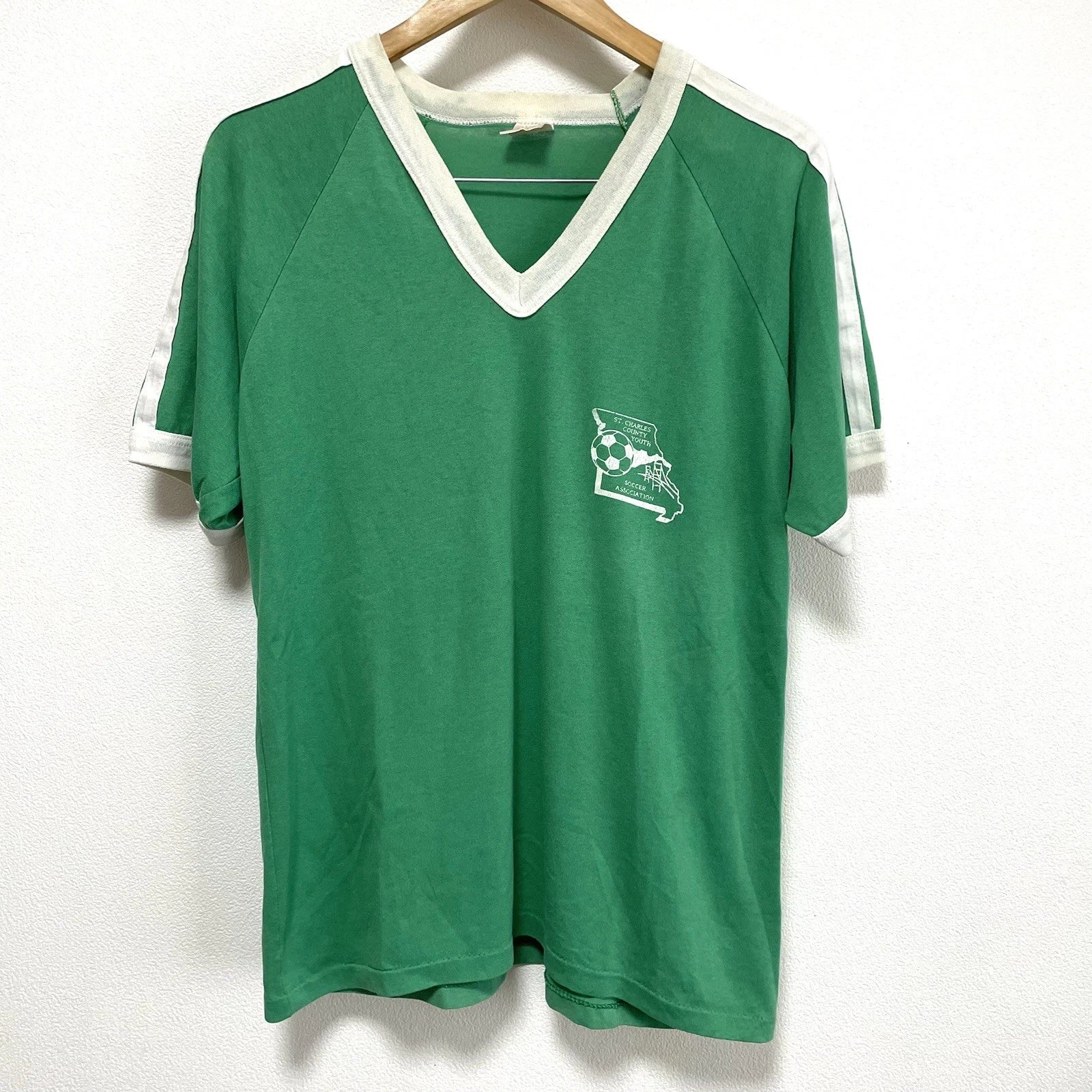 Vintage St Charles County Soccer Raglan Ringer V-Neck T-Shirt Green L USA 70s