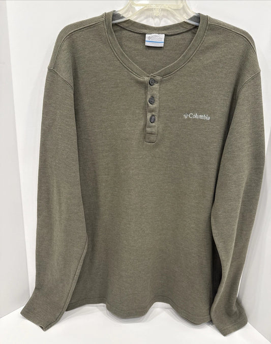 Columbia Men's L Long Sleeve Waffle Knit Henley Shirt Khaki Green Gorpcore