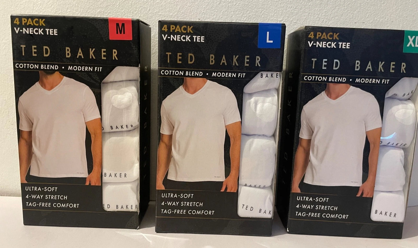 TED BAKER White T-Shirt Mens V-Neck Ultra Soft 4 Pack Stretch Modern Fit M L XL