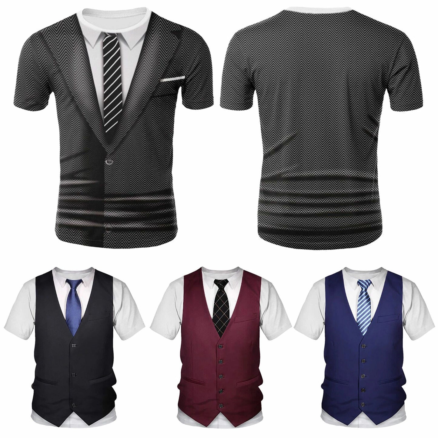Men T-Shirt Casual Short Sleeve Fake 3D Tuxedo Print Suit Vest Tie Printed Shirt