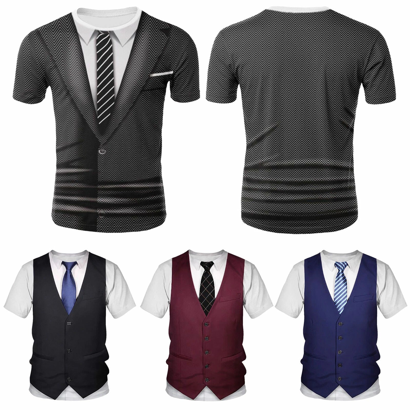 Men T-Shirt Casual Short Sleeve Fake 3D Tuxedo Print Suit Vest Tie Printed Shirt