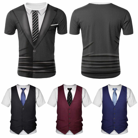 Men T-Shirt Casual Short Sleeve Fake 3D Tuxedo Print Suit Vest Tie Printed Shirt