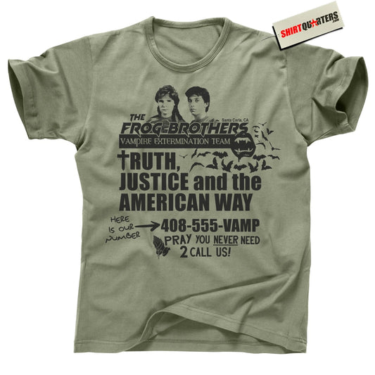 Santa Carla Vampire Hunter Tee – 80s Camo Hotline Graphic Shirt Vampire Hunter